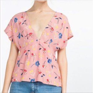 ZARA • Deep Plunge V Neck Floral Pink Blouse Sz S